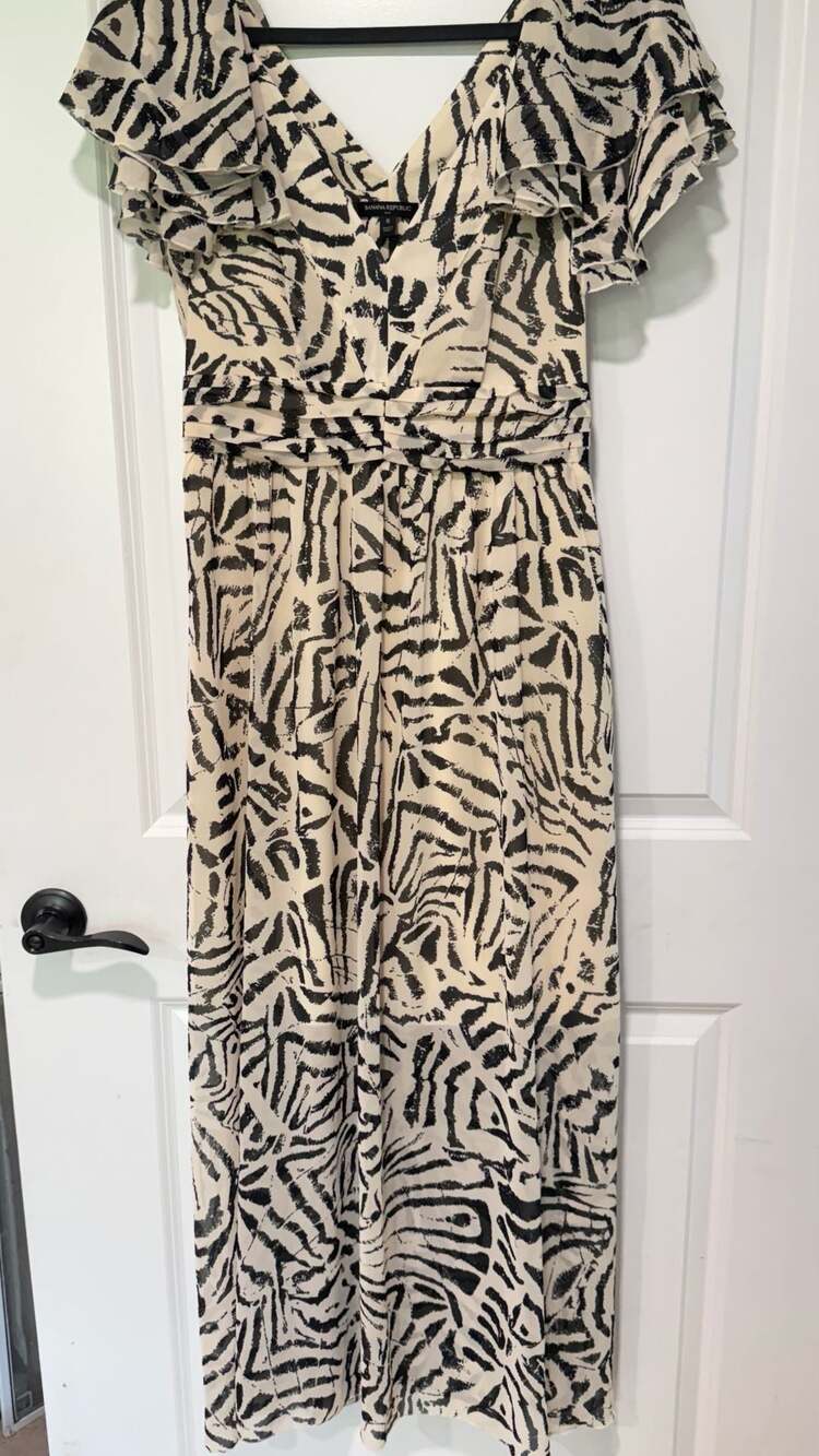 Abstract Animal Print Ruffle Sleeve Maxi Dress Sheer Hem Wedding Guest Size 6